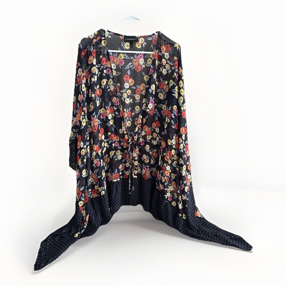 Lane Bryant 18 20 Black Pink Tie Front Kimono Boho Festival Floral Polka‎ Dot